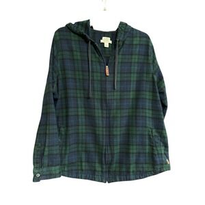 LLBean Plaid Flannel Relaxed Fit Full Zip Hoodie Womens 1X Green Blue Workwear